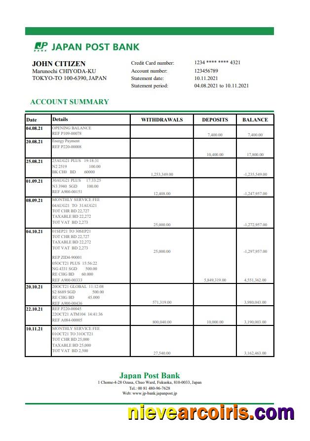 Japan Post bank statement easy to fill in Excel and PDF format